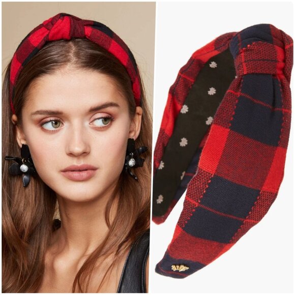 RARE Lele Sadoughi Timeless Buffalo Check Knotted Headband Red Black Gold Logo - Picture 1 of 5